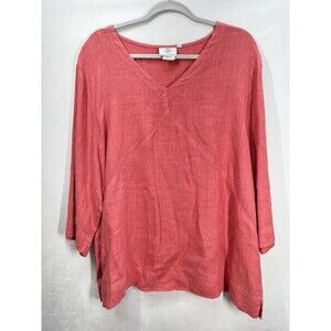 Hot Cotton Marc Ware 100% Linen V-Neck Top Women’s 2X Coral Pink 3/4 Sleeve Slub